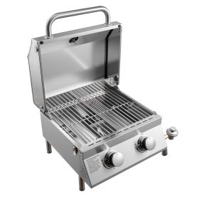 Tabletop Gas Grill, 2-Burner Stainless Steel Portable Propane Grill, with Built-in Thermometer, Travel Locks, Weatherproof Lid, 15, 000 BTU Total