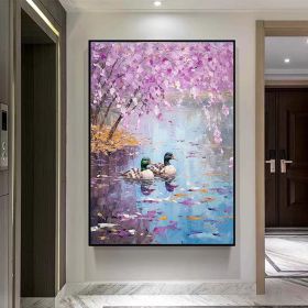 Hand Painted Oil Painting Seaonal Landscape Painting Spring Ducks Floral Painting Oversized Abstract Wall Art Living Room Wall Abstract Art Textu (Style: 01, size: 50x70cm)