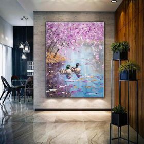 Hand Painted Oil Painting Seaonal Landscape Painting Spring Ducks Floral Painting Oversized Abstract Wall Art Living Room Wall Abstract Art Textu (Style: 01, size: 90X120cm)