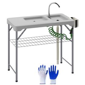 Outsunny Folding Fish Cleaning Table with Sinks, Portable Camping Sink Table with Faucet, Drainage Hose, Sprayer, Shelf, Drawer and Storage Baske (Color: Gray)